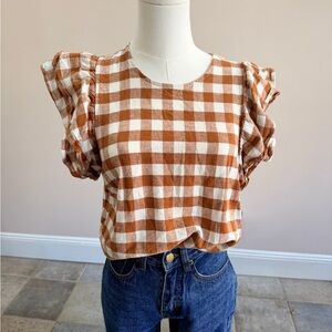 A New Day Rust Cream Gingham Ruffle Sleeve Blouse Size M